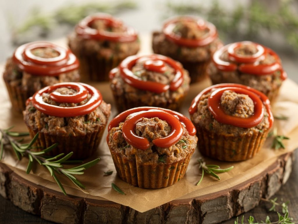 Individual mini meatloaf muffins topped with ketchup glaze on serving platter
