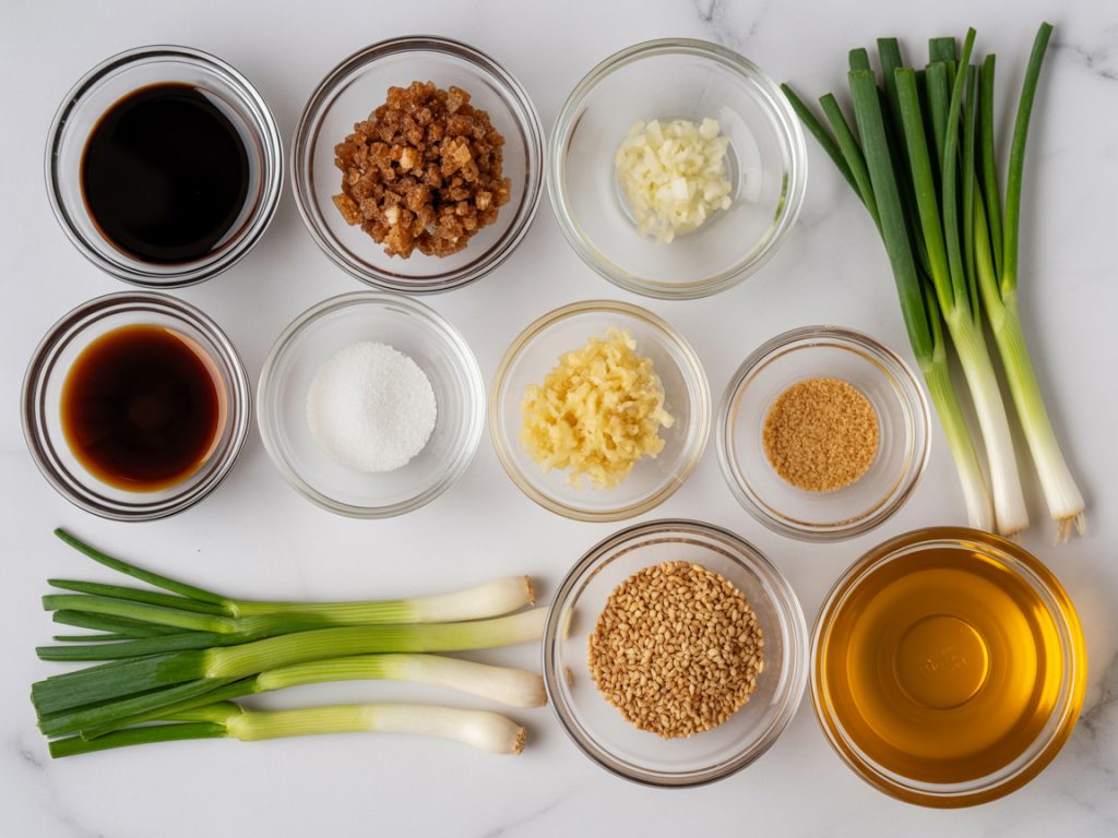 Small bowls with measured ingredients including soy sauce, brown sugar, garlic, ginger and green onions arranged for cooking
