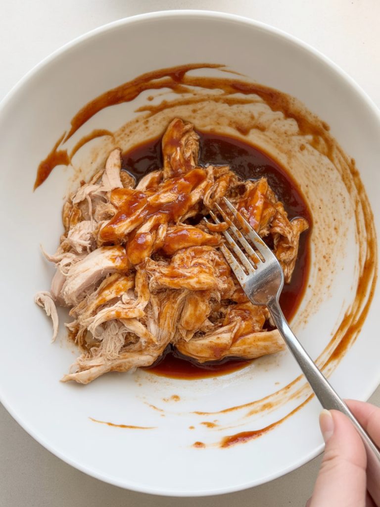Shredded chicken being mixed with glossy BBQ sauce in white bowl coating the meat evenly