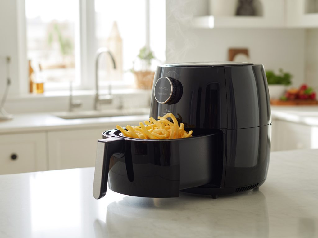 Sleek black air fryer on kitchen counter with golden crispy food inside basket