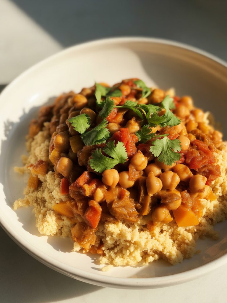 Traditional tagine dish filled with chickpeas, vegetables and aromatic spices over couscous