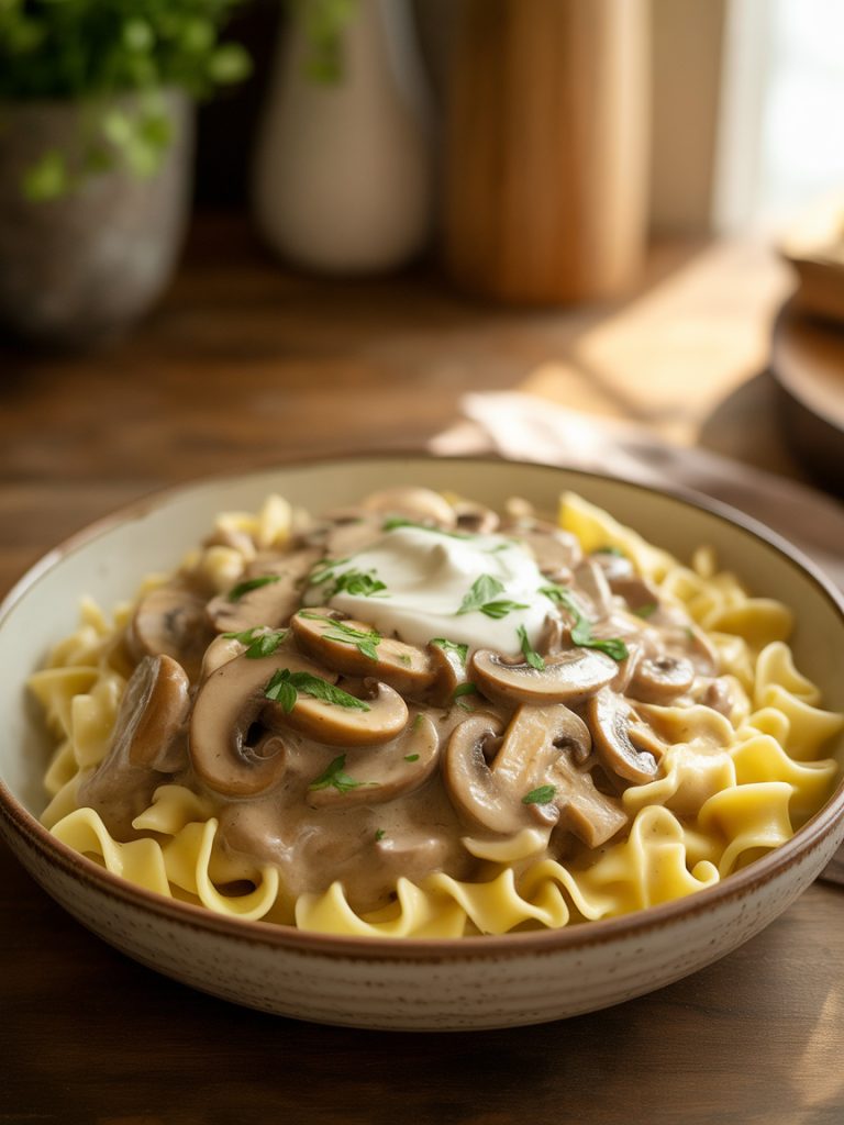 Creamy mushroom stroganoff pasta with egg noodles and fresh parsley in bowl