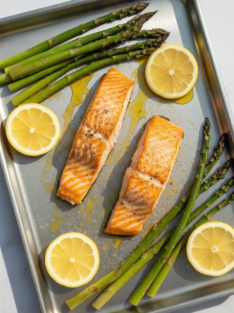 Baked salmon fillets with roasted asparagus and lemon slices on a sheet pan