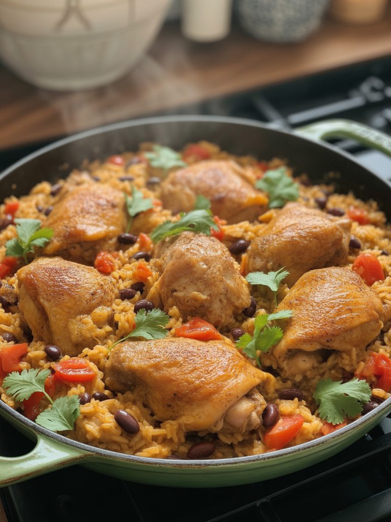 One pan chicken and rice dinner with black beans tomatoes and seasonings budget meal under eight dollars