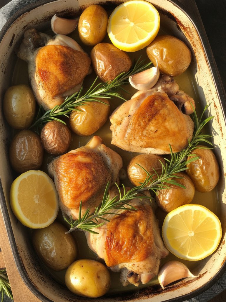Roasted lemon garlic chicken thighs with crispy baby potatoes in a baking dish