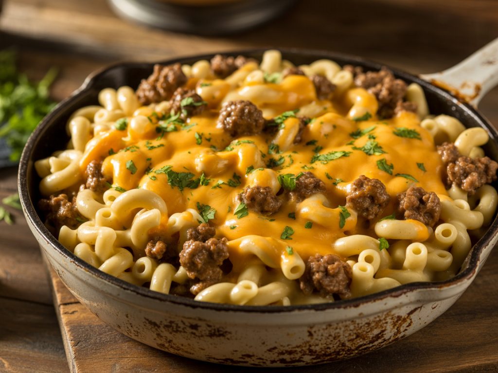 Creamy one-pot cheeseburger pasta with ground beef and melted cheese in cast iron skillet
