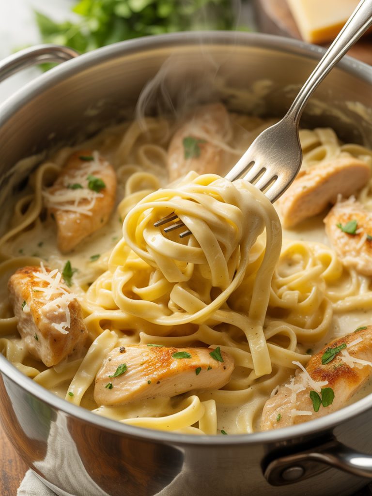 Creamy one pot chicken alfredo with fettuccine noodles in a rich parmesan sauce