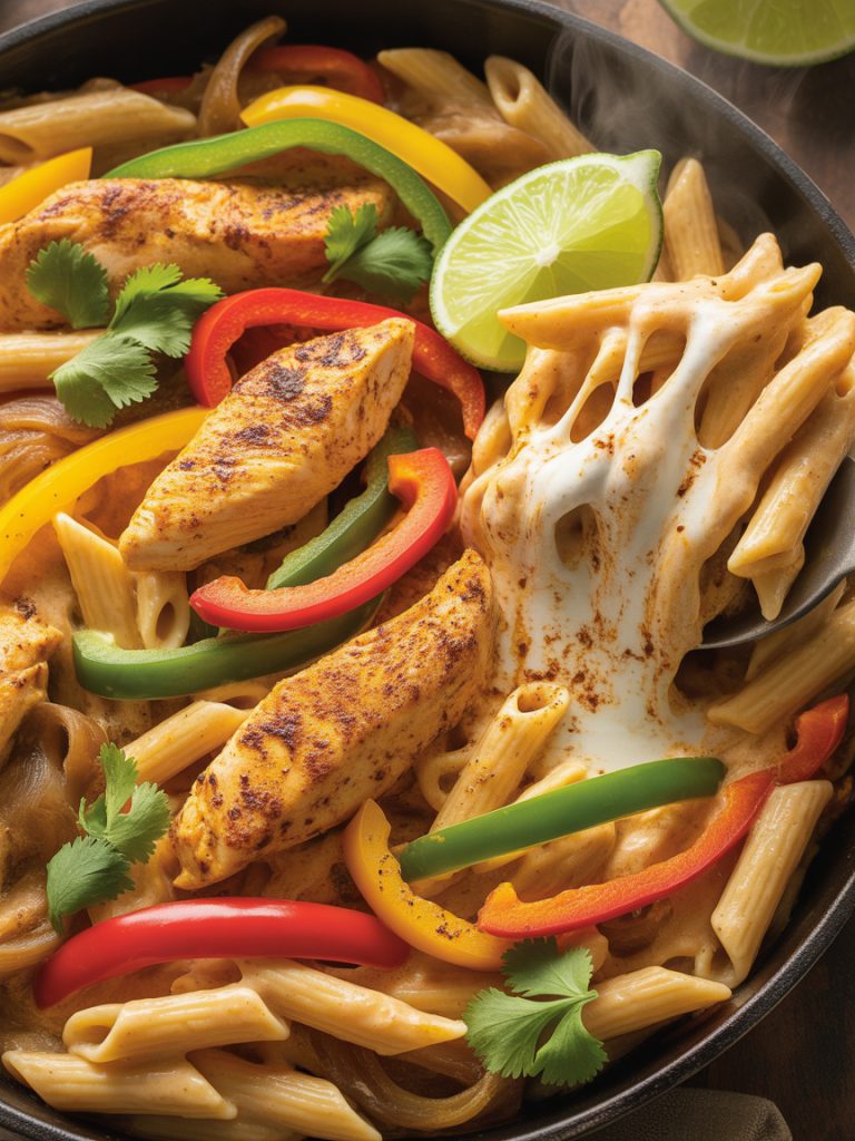 Creamy one pot chicken fajita pasta with bell peppers and seasoned chicken strips in a skillet