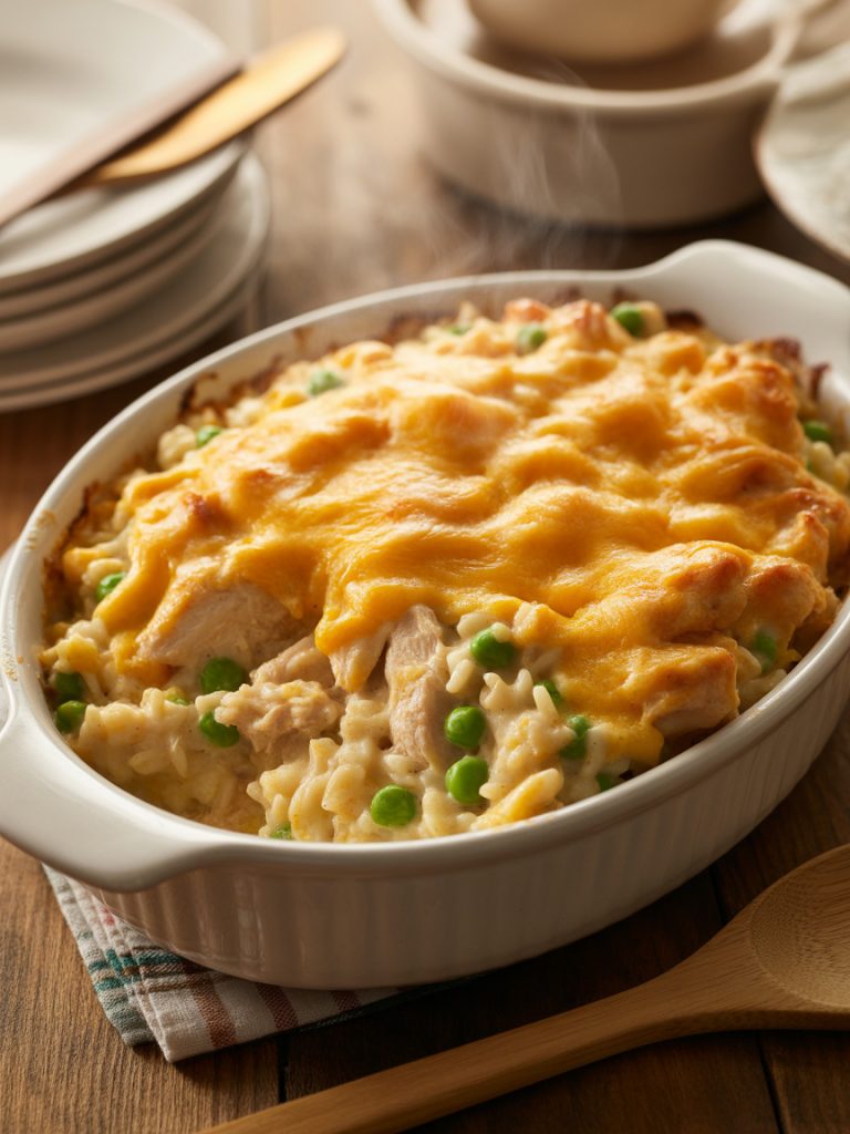 Comforting chicken and rice casserole with cheese topping in a baking dish