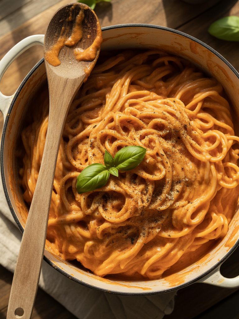 Creamy tomato pasta in rustic pot with rich orange sauce and fresh herbs
