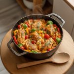 Colorful one pot dinner with pasta, vegetables and chicken in a large Dutch oven on a wooden table with minimal kitchen mess