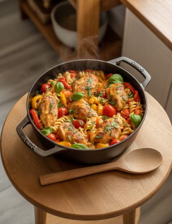 Colorful one pot dinner with pasta, vegetables and chicken in a large Dutch oven on a wooden table with minimal kitchen mess