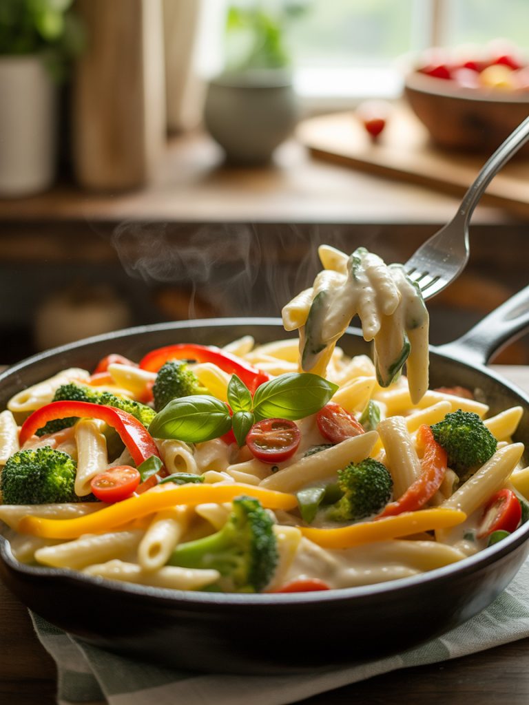 Creamy one pot pasta primavera loaded with colorful fresh vegetables in a large skillet