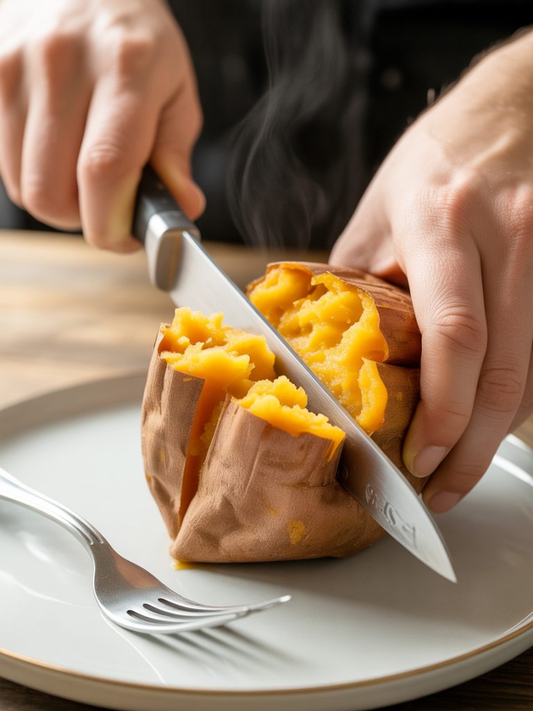Hands using knife to split a baked sweet potato lengthwise revealing orange flesh inside