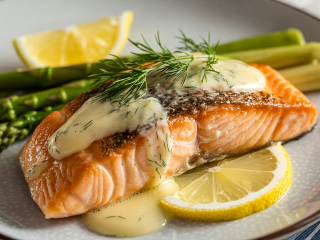 Golden pan-seared salmon fillet with lemon garlic butter sauce and fresh herbs