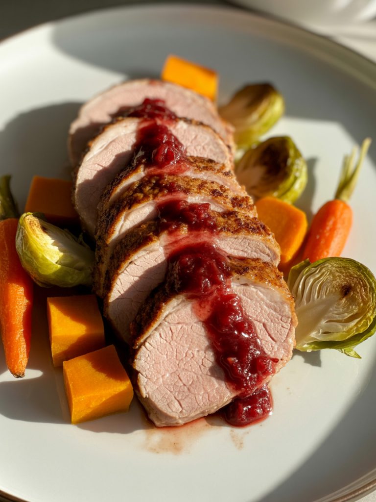 Sliced pork tenderloin with cranberry sauce and roasted vegetables