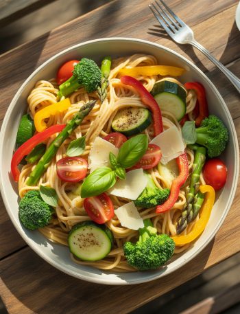 Colorful pasta primavera bowl loaded with fresh vegetables including broccoli, peppers, asparagus and tomatoes with parmesan