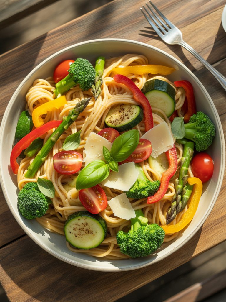 Colorful pasta primavera bowl loaded with fresh vegetables including broccoli, peppers, asparagus and tomatoes with parmesan