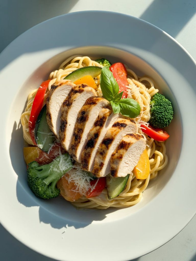 Bowl of colorful pasta primavera topped with sliced grilled chicken breast and fresh herbs