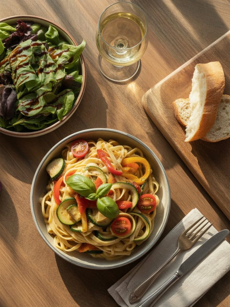 Complete Italian meal with pasta primavera, fresh salad and crusty bread on wooden table