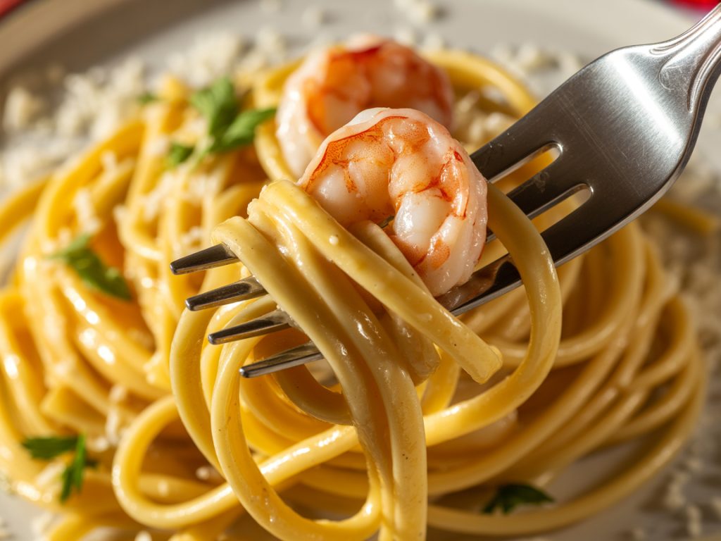 Fork twirling glossy garlic butter shrimp pasta showing buttery linguine and pink shrimp close-up