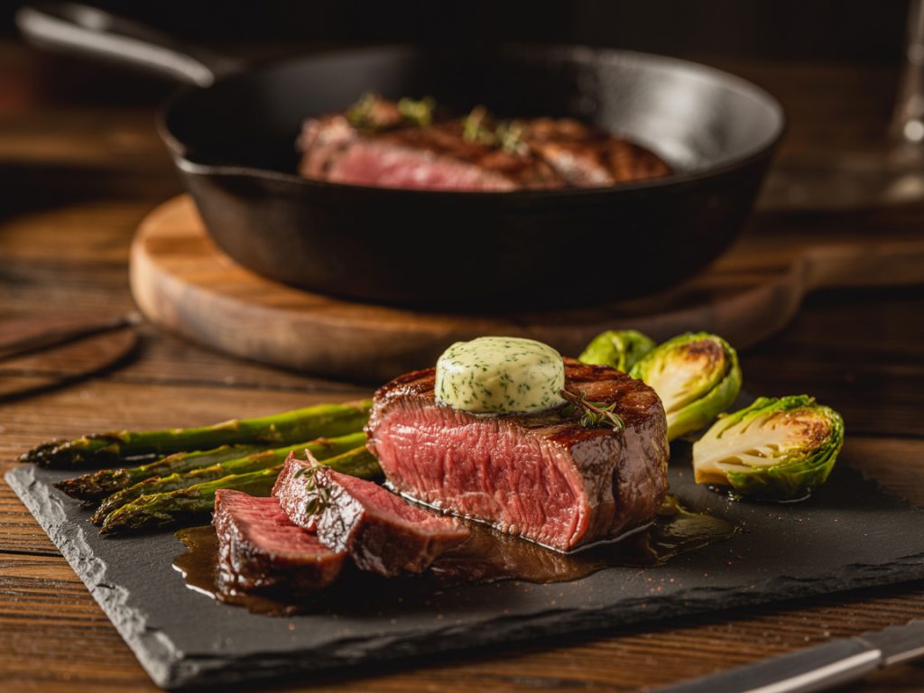 Juicy pan-seared steak with roasted asparagus and Brussels sprouts on dark plate