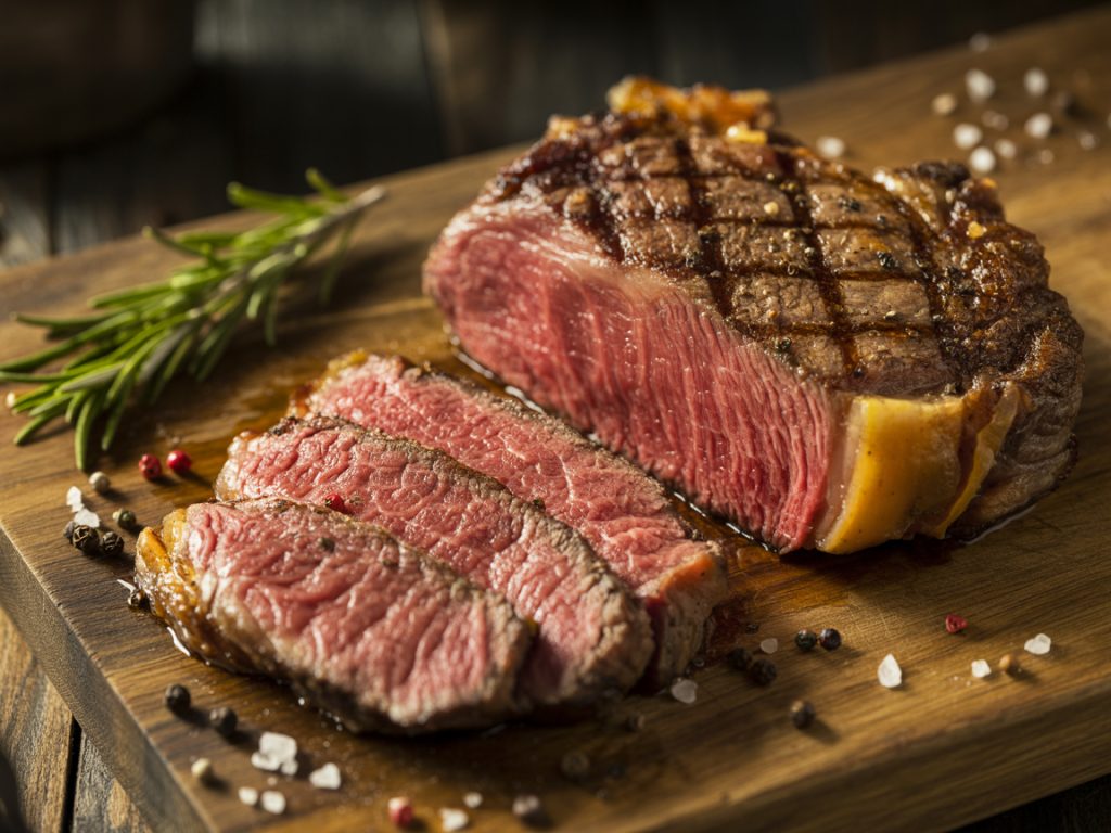 Medium-rare air fryer ribeye steak with perfect crust and juicy pink center sliced on cutting board