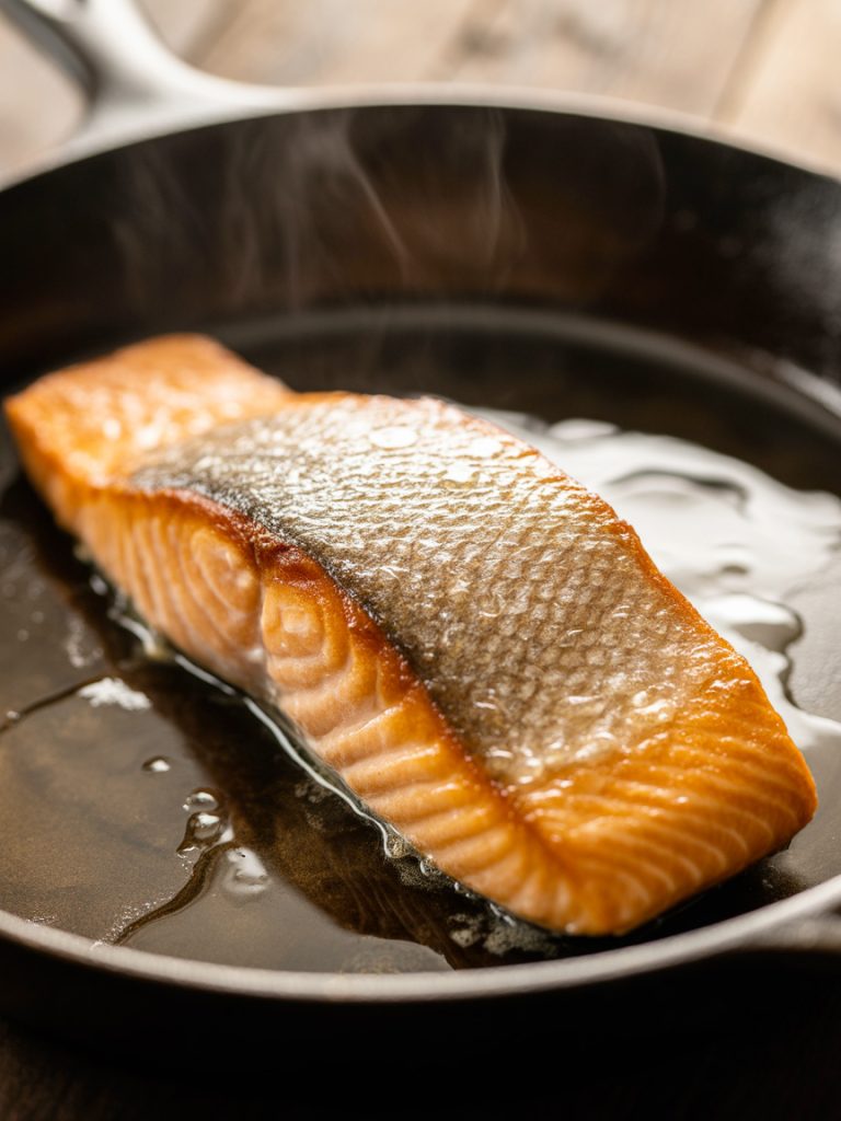 Close-up of cooked salmon fillet showing crispy golden-brown skin and flaky opaque flesh