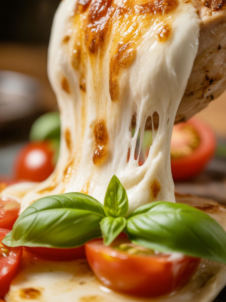 Close-up of stretchy melted mozzarella with golden spots on Caprese chicken showing gooey texture