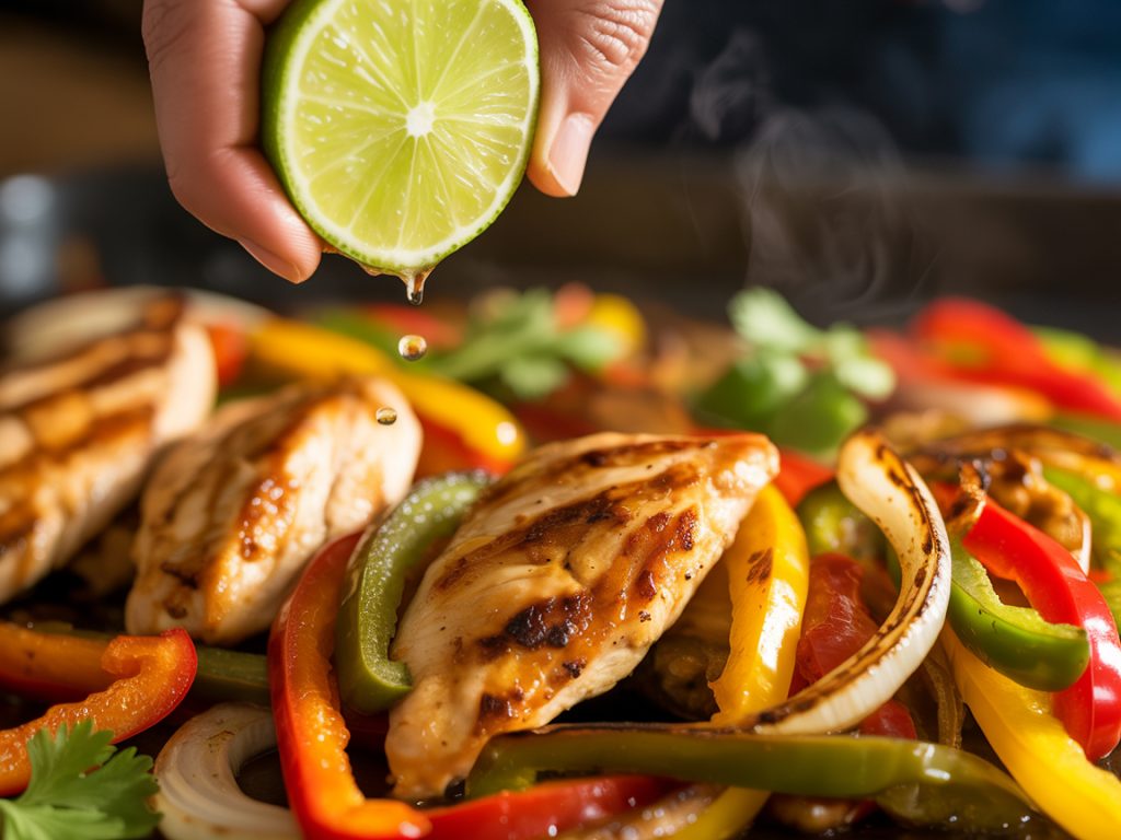 Close-up of cooked chicken fajitas with caramelized peppers and onions, fresh lime juice being squeezed on top