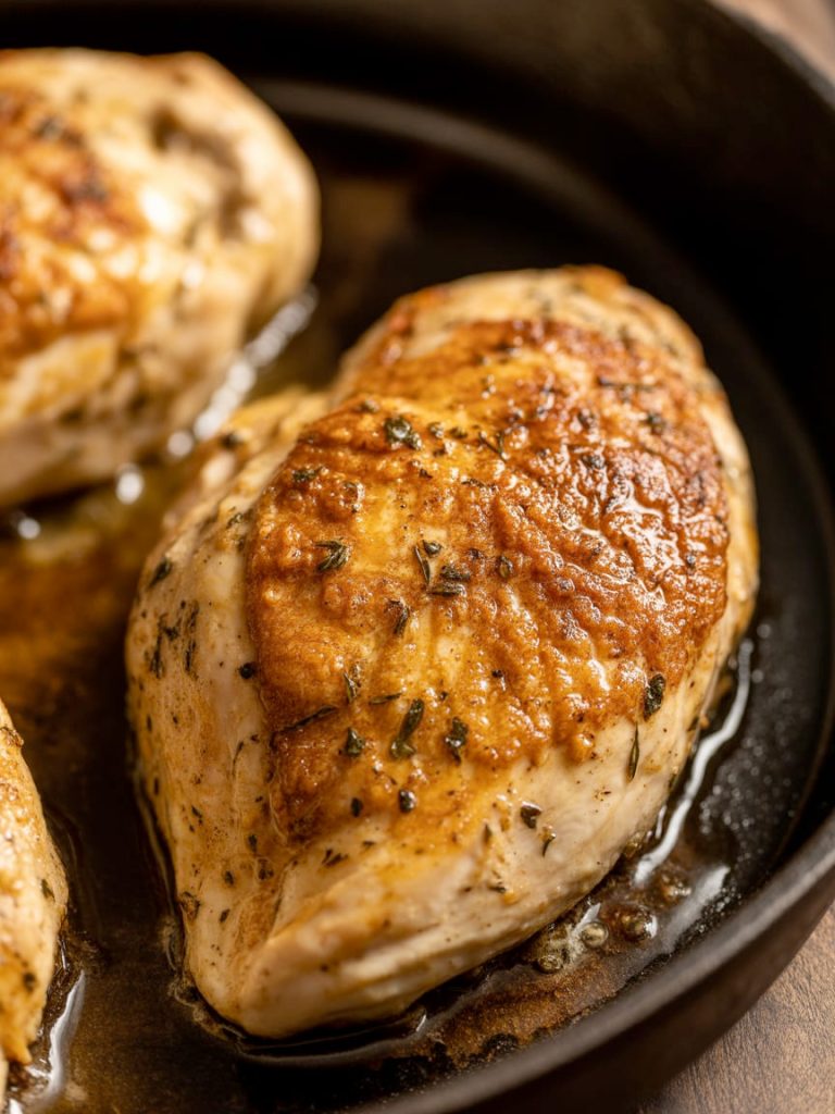 Close-up of chicken breast with golden-brown seared crust and visible Italian seasoning
