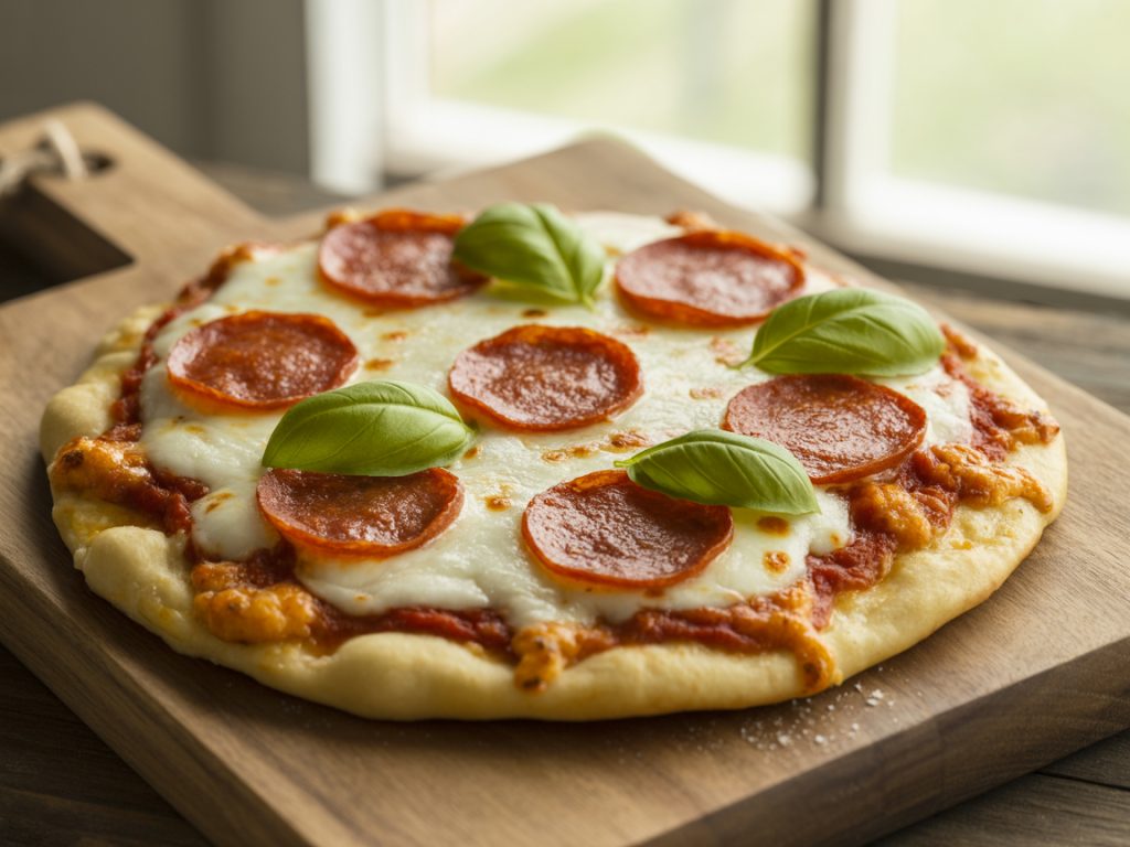 Individual crispy air fryer pizza with melted cheese and toppings on naan bread crust