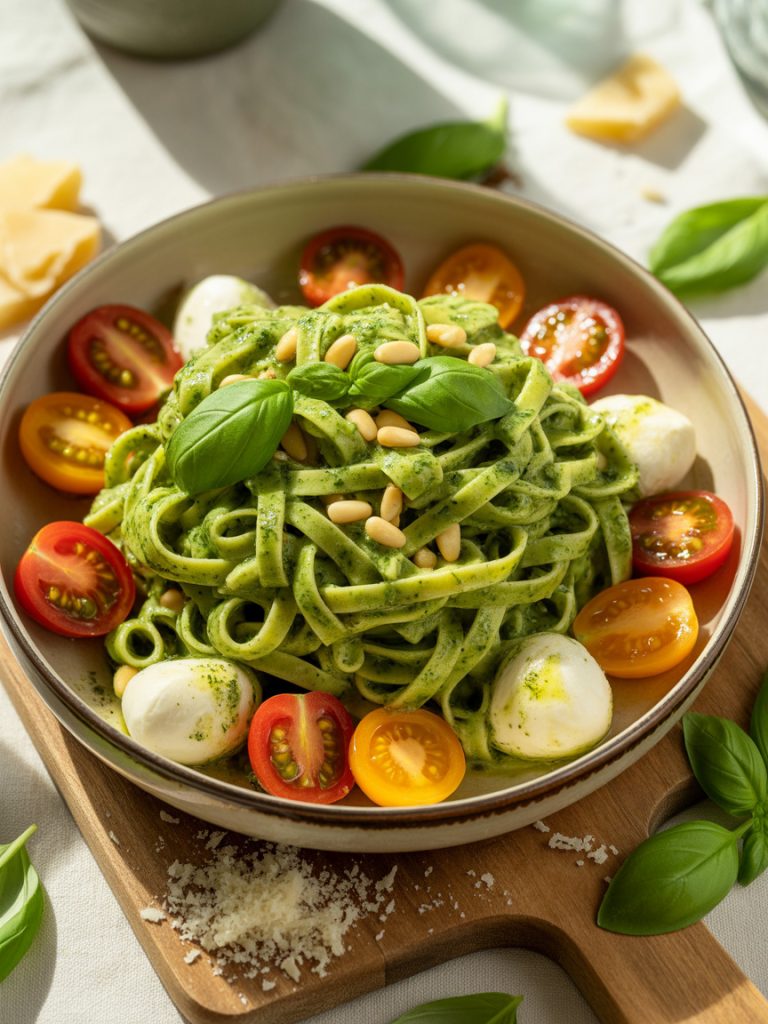 Pesto pasta with colorful cherry tomatoes and fresh mozzarella in bowl