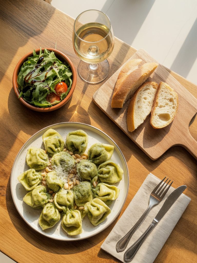 Complete Italian meal with pesto tortellini, mixed salad, crusty bread and white wine on wooden table