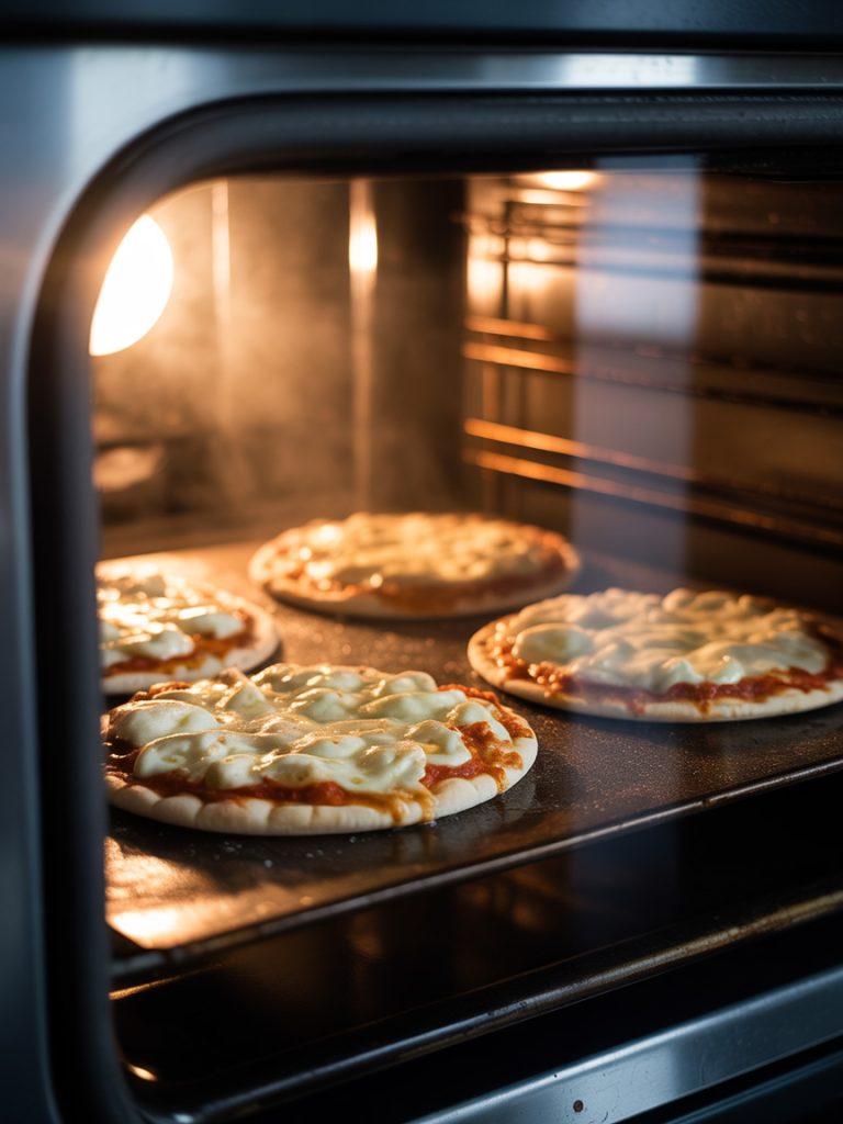 Pita pizzas baking in oven showing melted bubbling cheese and golden edges