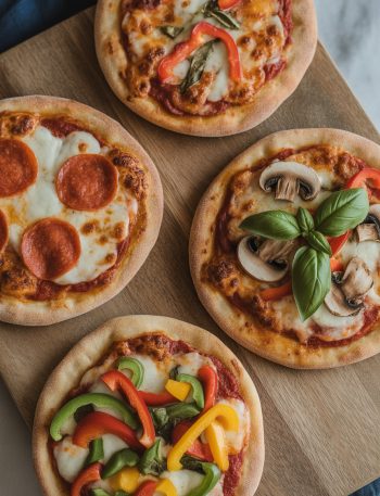 Four golden crispy pita pizzas with melted cheese and various toppings including pepperoni and vegetables on wooden board