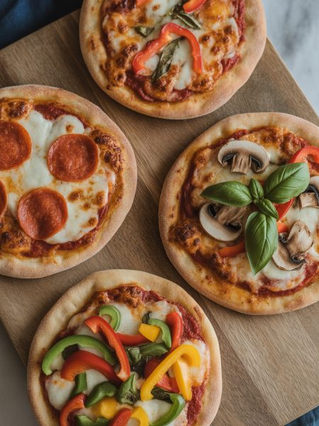 Four golden crispy pita pizzas with melted cheese and various toppings including pepperoni and vegetables on wooden board