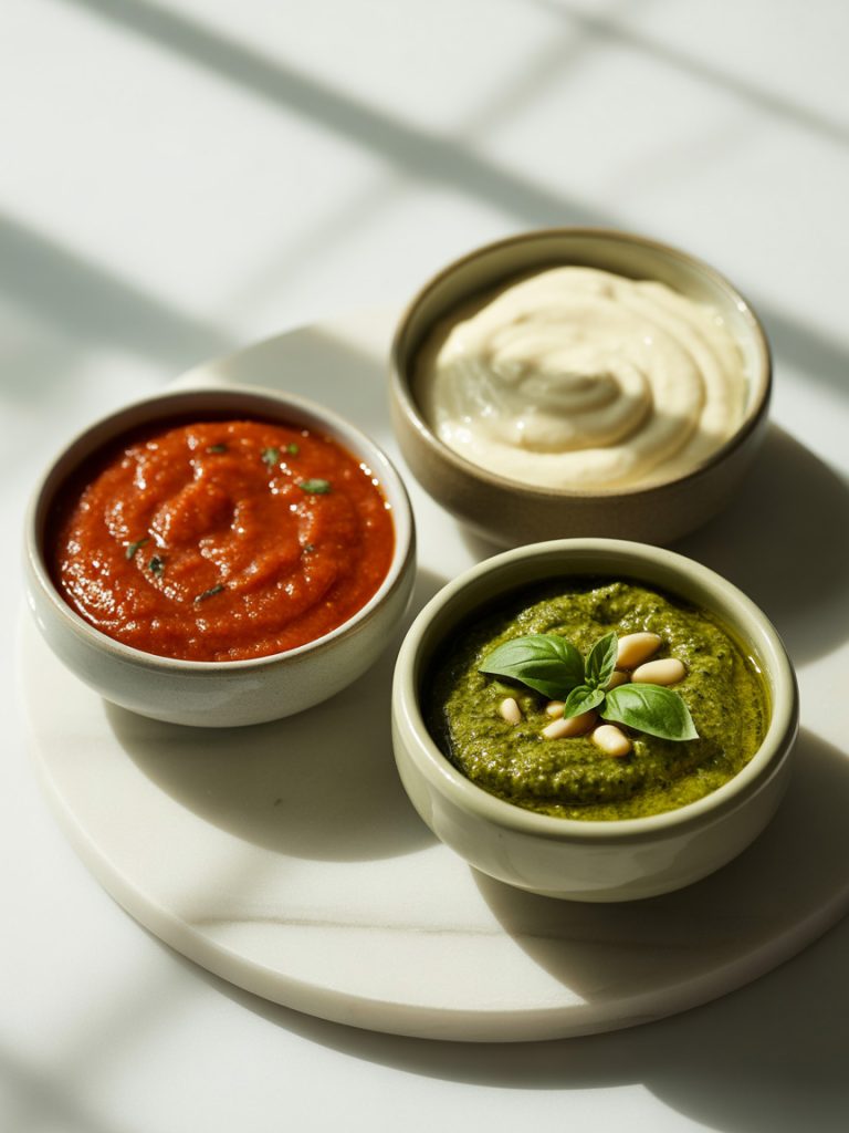 Three bowls showing different pizza sauce options including red marinara, white garlic and green pesto
