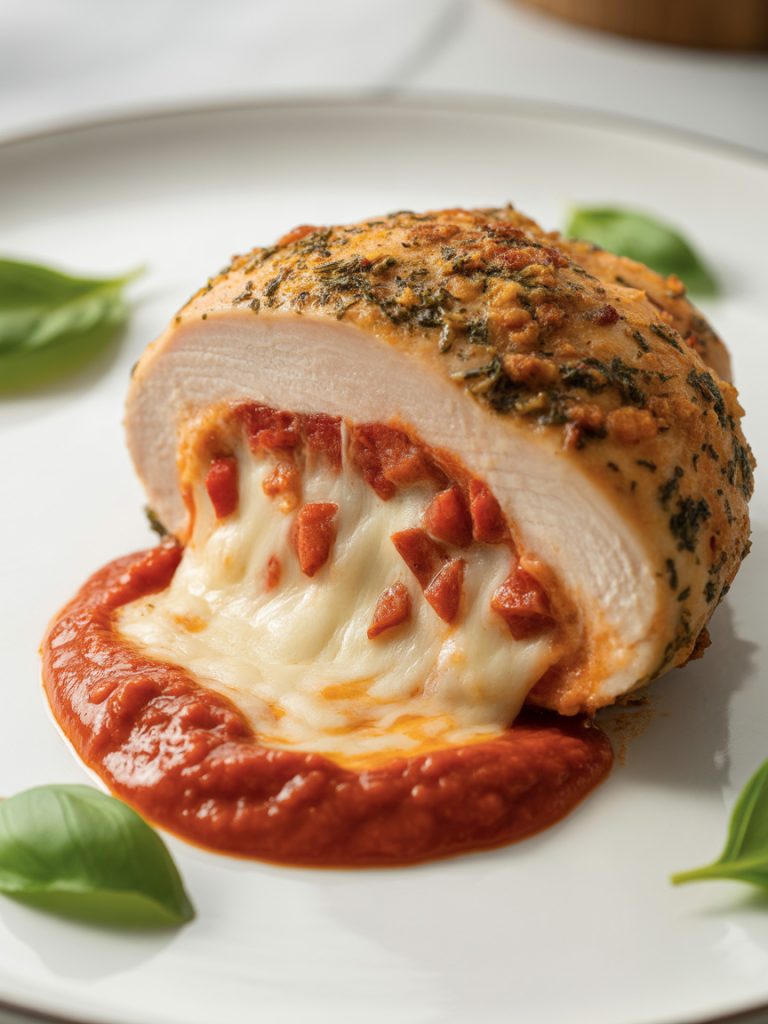Sliced pizza stuffed chicken breast with melted cheese and pepperoni filling on a white plate