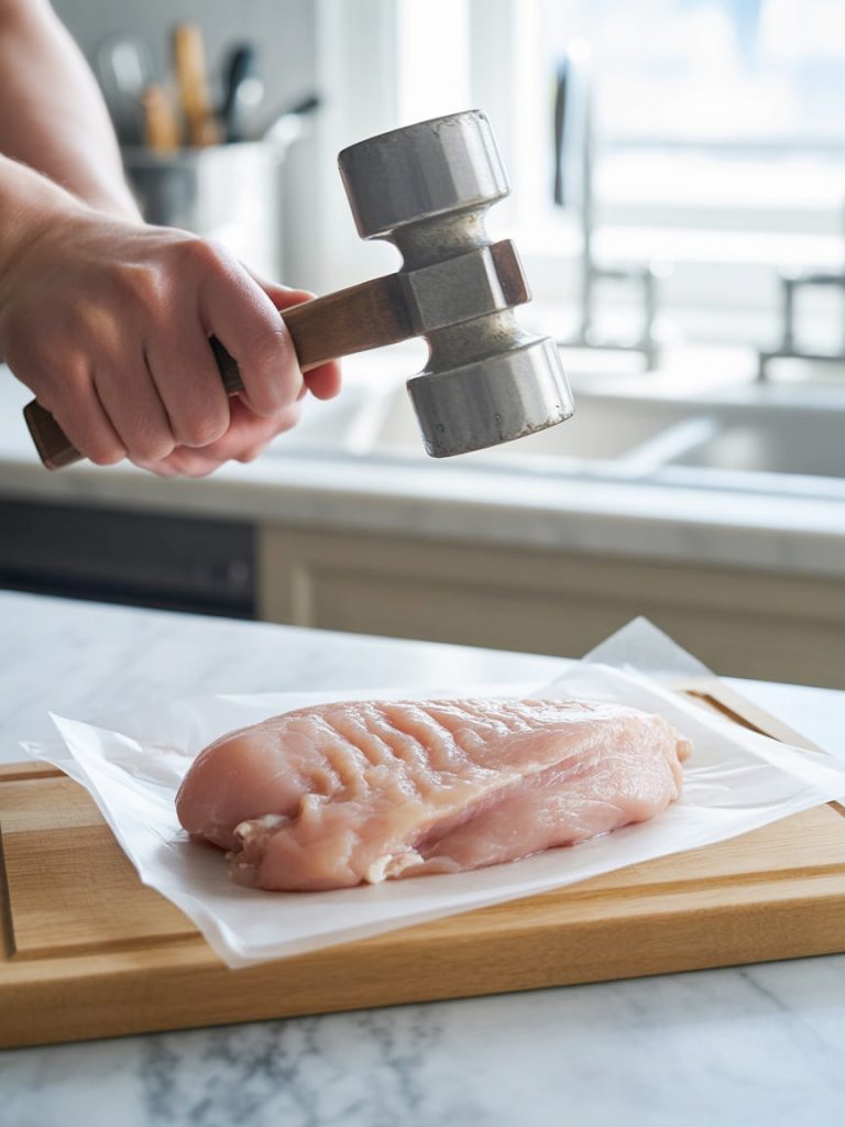 Meat mallet flattening chicken breast between plastic wrap on cutting board for even cooking