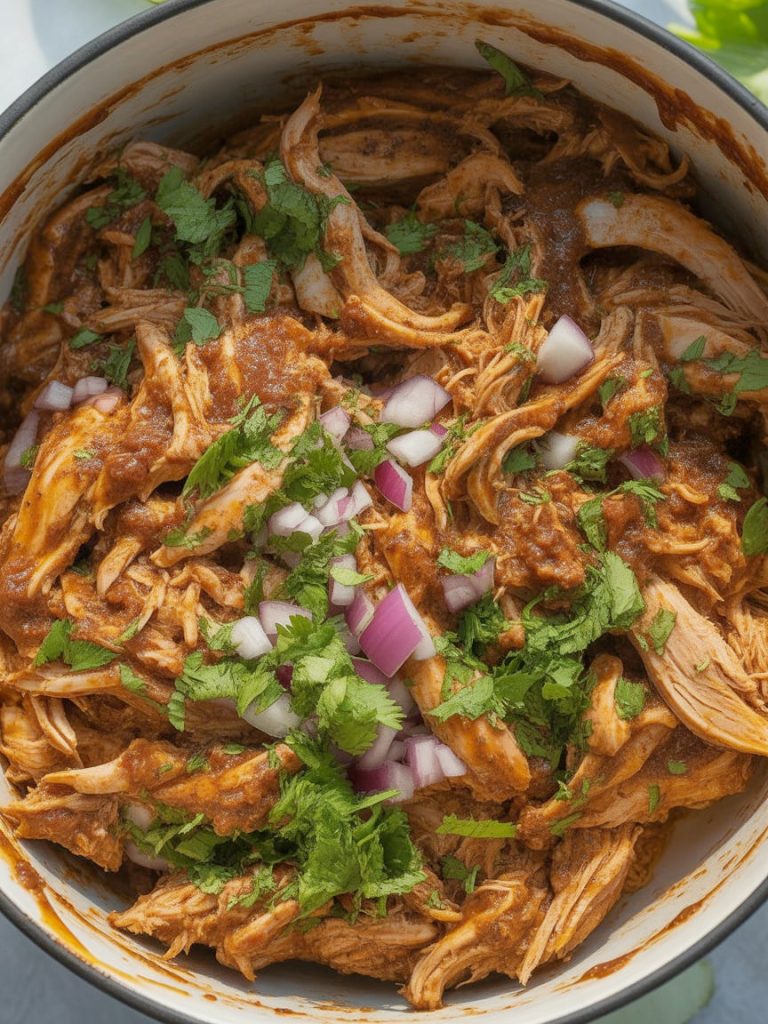 Bowl of BBQ chicken filling mixed with red onions and fresh cilantro ready for quesadillas