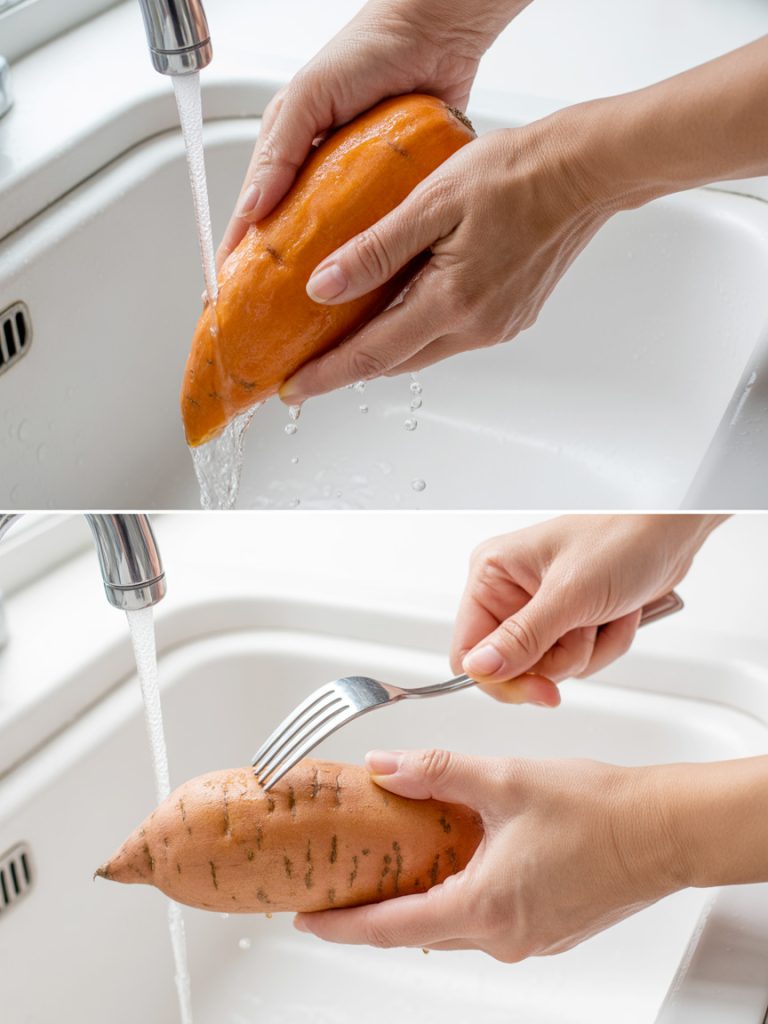 Hands scrubbing sweet potatoes under running water and piercing them with a fork in preparation for baking