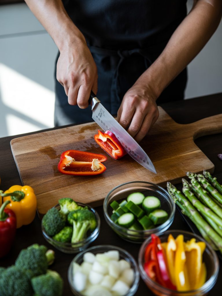 Hands chopping colorful vegetables on cutting board with knife showing pasta primavera preparation
