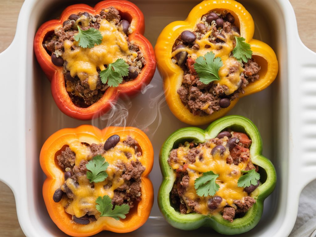 Four colorful bell peppers stuffed with ground beef, quinoa, and black beans, topped with melted cheese in baking dish