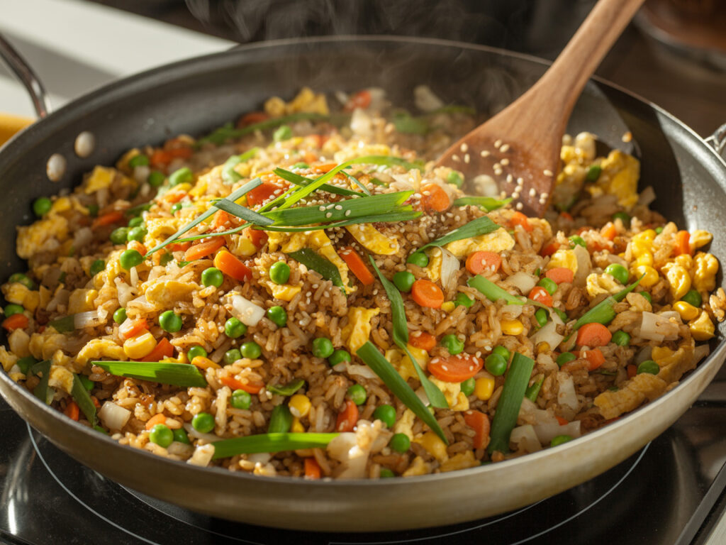 Homemade fried rice with scrambled eggs, mixed vegetables, and green onions in a wok