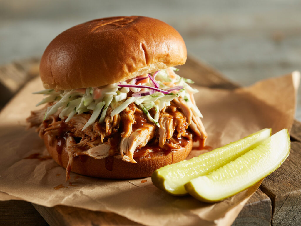 BBQ pulled chicken sandwich with coleslaw on brioche bun