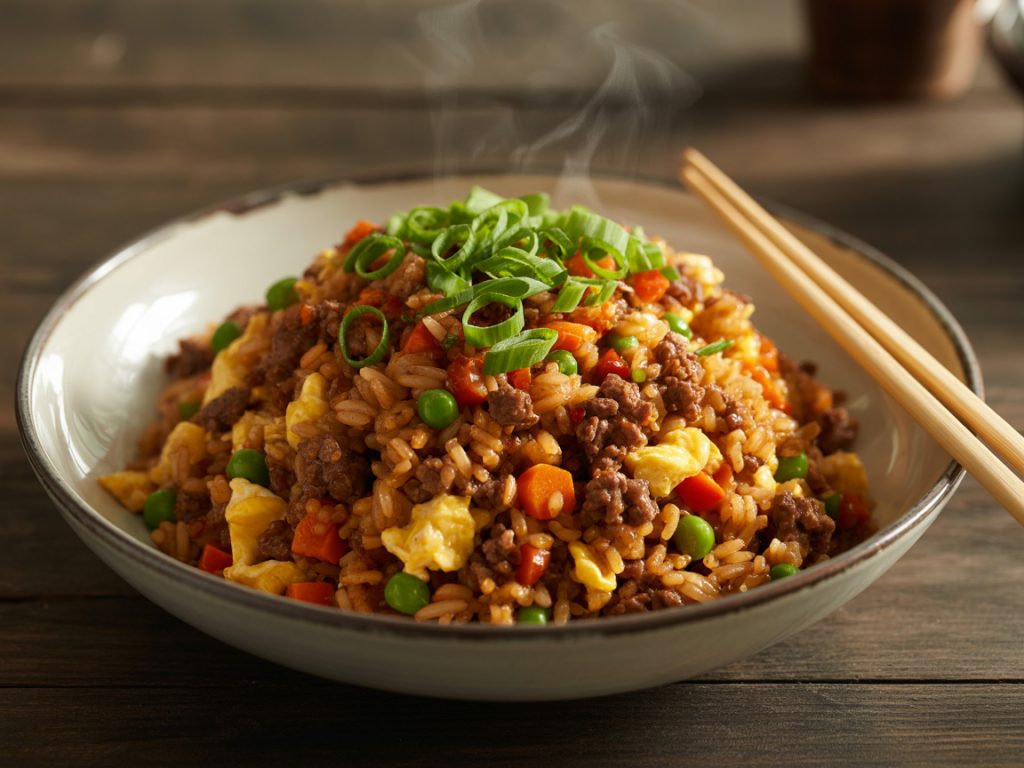 Beef fried rice with ground beef, eggs, mixed vegetables and green onions