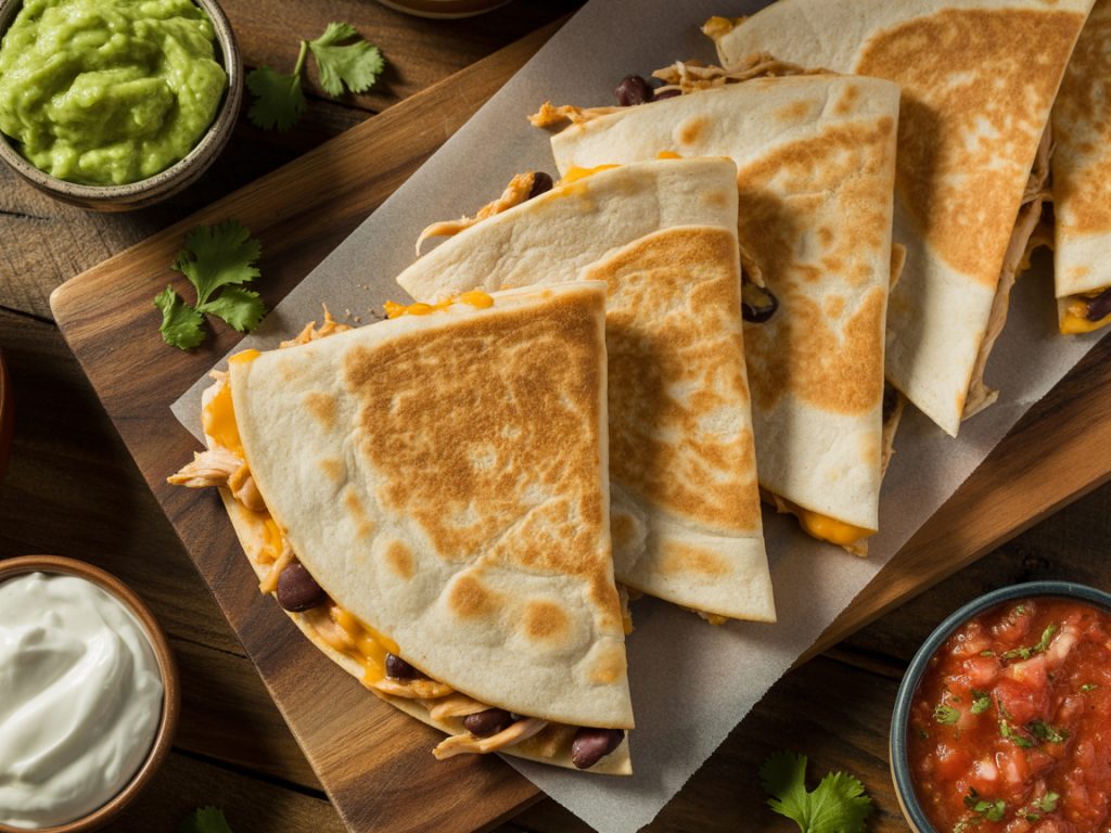 Sliced quesadilla with melted cheese, chicken and black beans with sour cream and guacamole