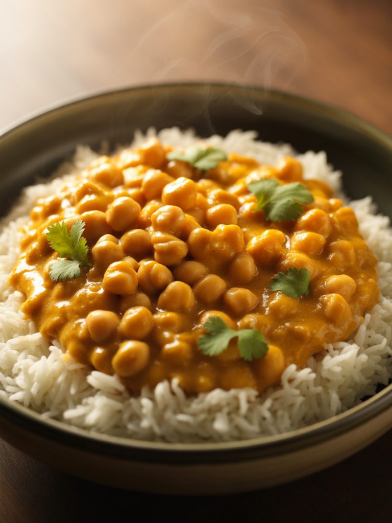 Healthy vegan chickpea curry with coconut milk served over rice