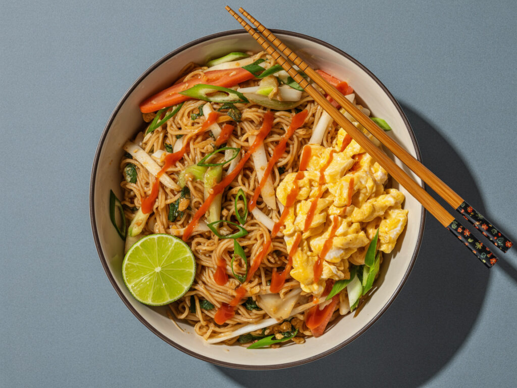 Stir-fried rice noodles with scrambled eggs, vegetables, and sriracha sauce